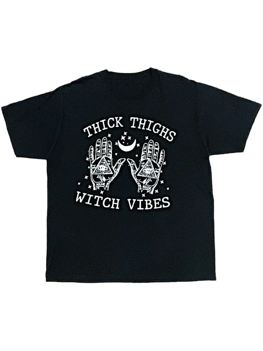 Thick Thighs Witch Vibes Graphic T-Shirt Black Oversized Tee - Picture 2 of 7